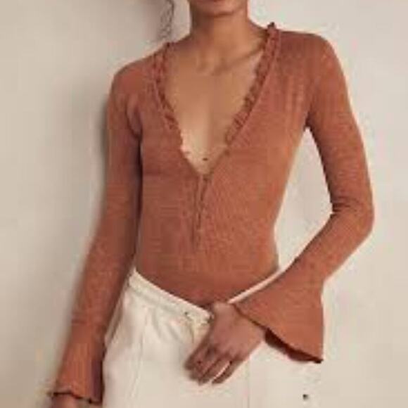 FREE PEOPLE JACKIE BODYSUIT WOMEN LONG SLEEVE SMALL BODYSUIT BROWN TOP FALL - Picture 5 of 5